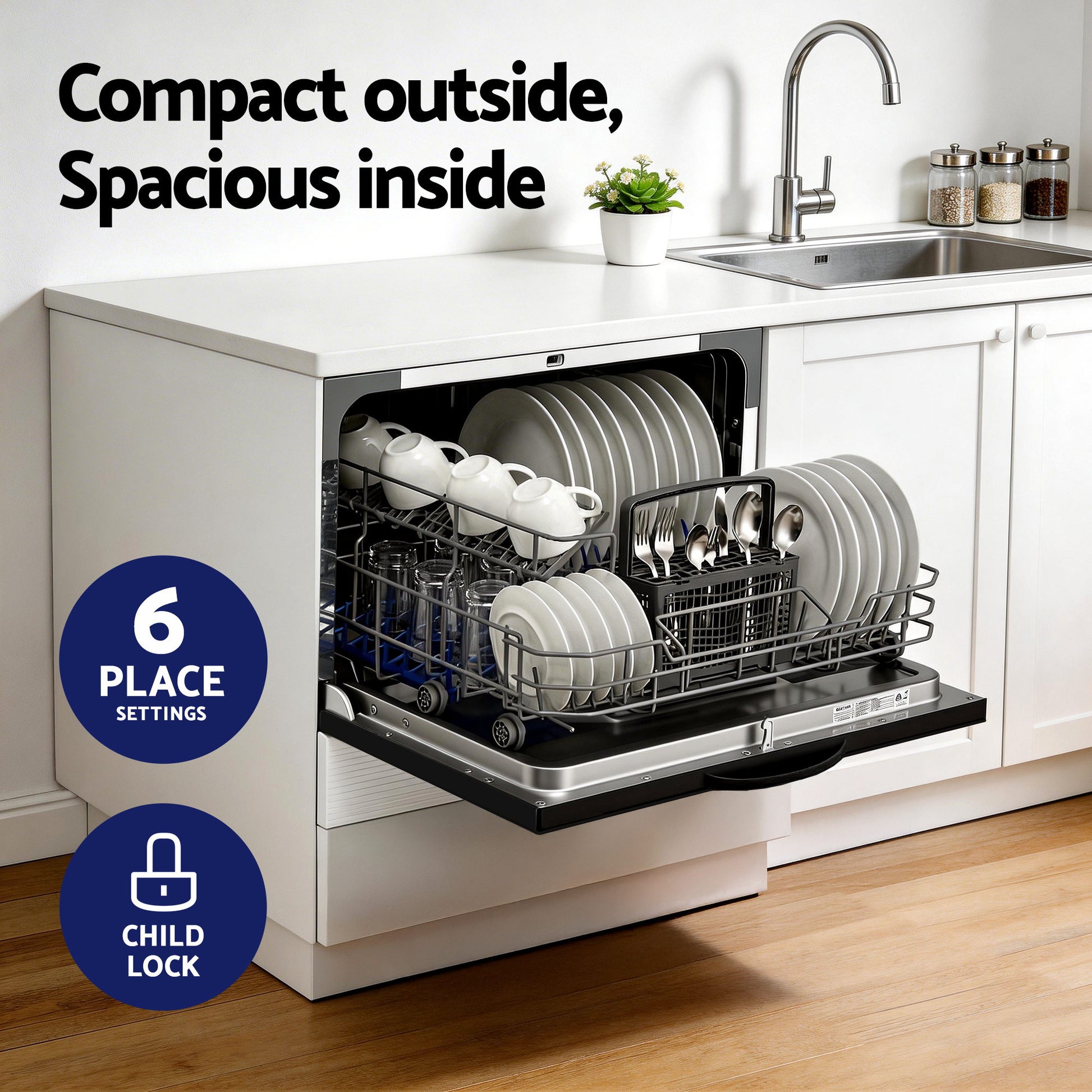 Compact dishwasher with 6-place settings and child lock, loaded with dishes in a modern kitchen