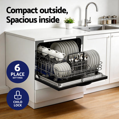 Compact dishwasher with 6-place settings and child lock, loaded with dishes in a modern kitchen