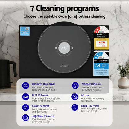 Devanti dishwasher with 7 cleaning programs, energy and water rating labels, ideal for efficient kitchen cleaning.