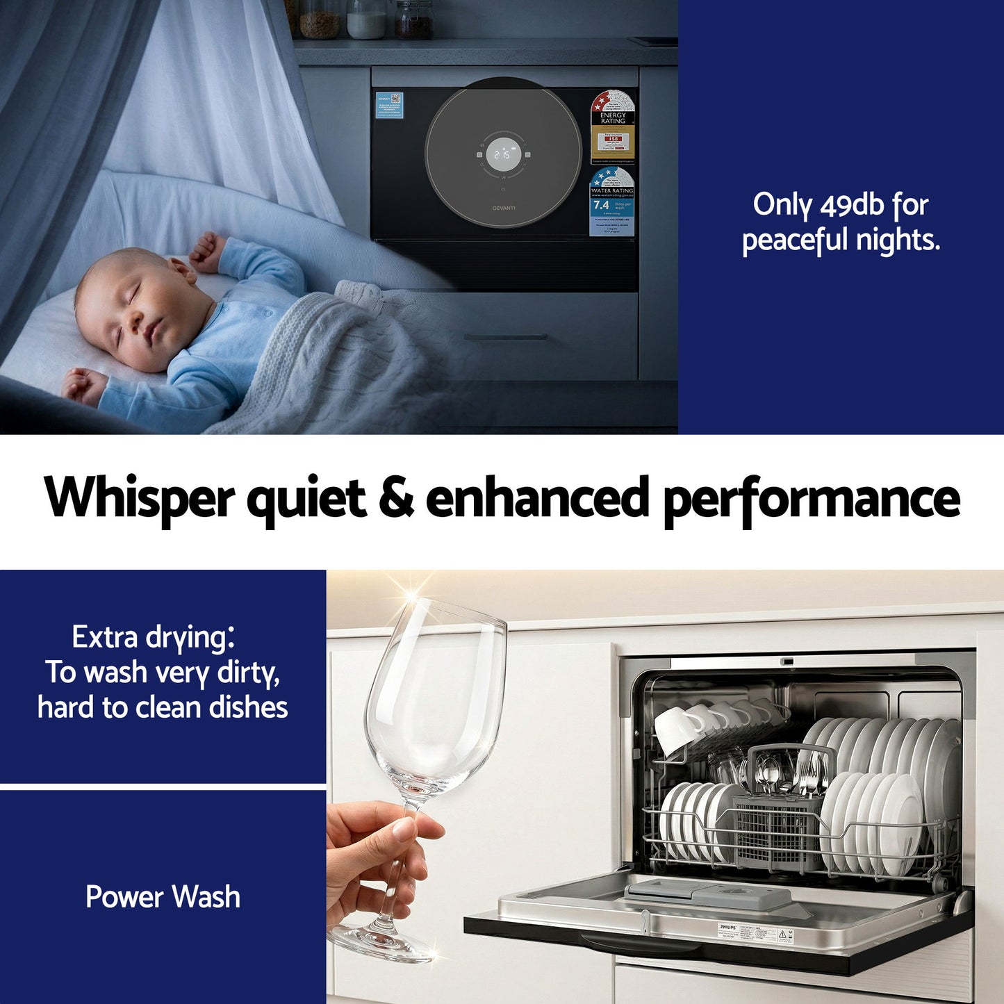 Quiet dishwasher with baby sleeping nearby, showcasing 49db noise level and sparkling clean dishes.