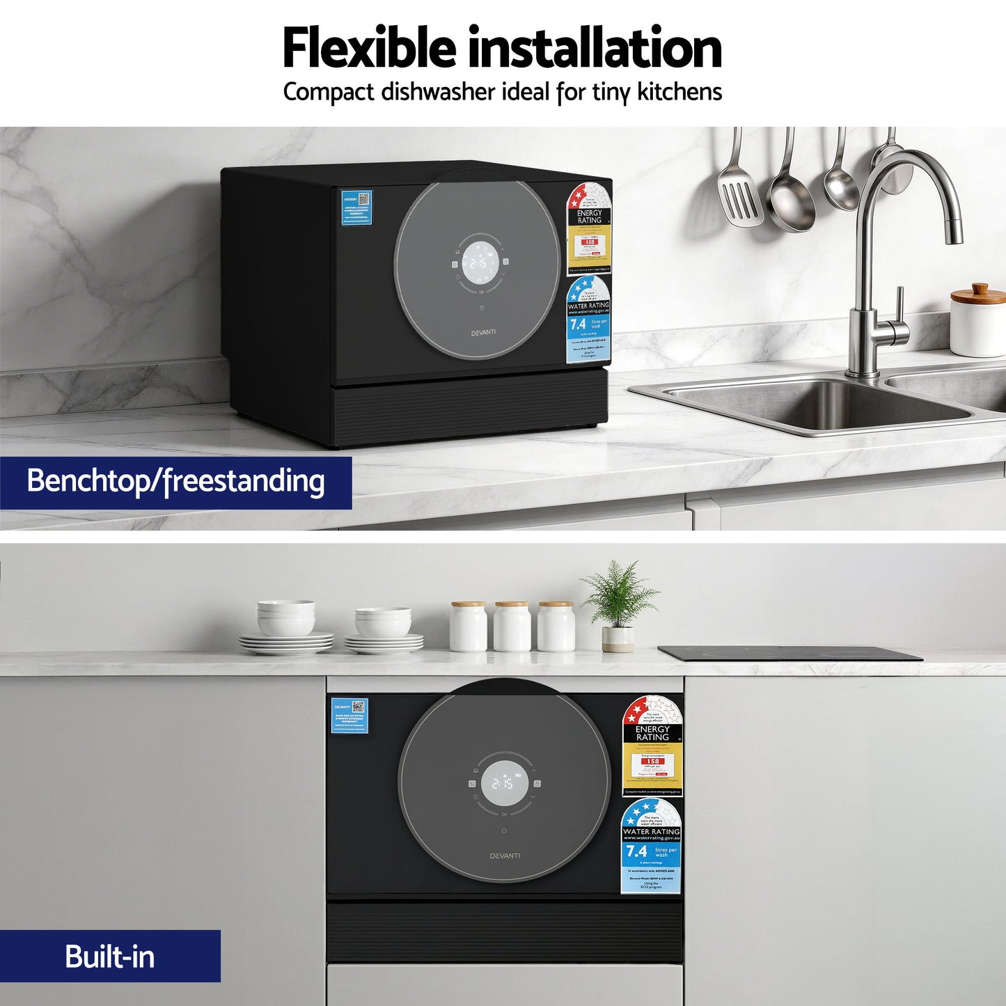 Compact black dishwasher for tiny kitchens, benchtop or built-in installation, energy and water efficient