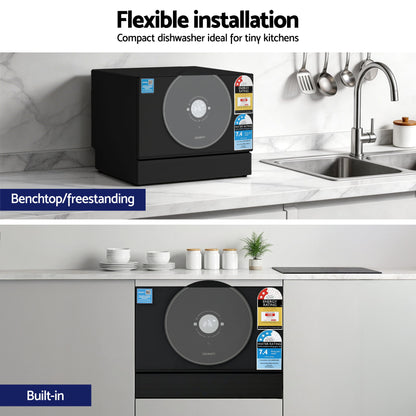 Compact black dishwasher for tiny kitchens, benchtop or built-in installation, energy and water efficient