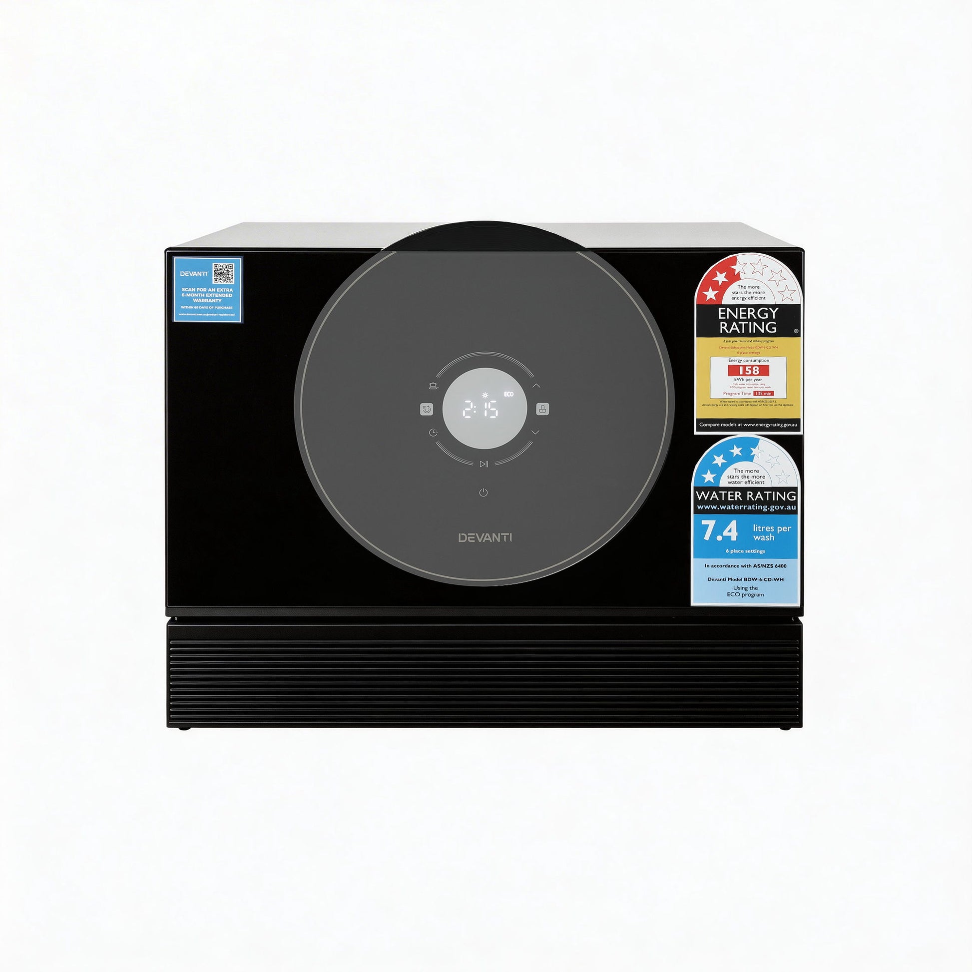 Devanti black microwave with digital display, energy and water rating labels, eco mode