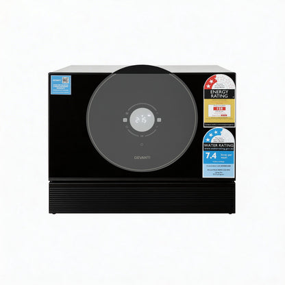 Devanti black microwave with digital display, energy and water rating labels, eco mode