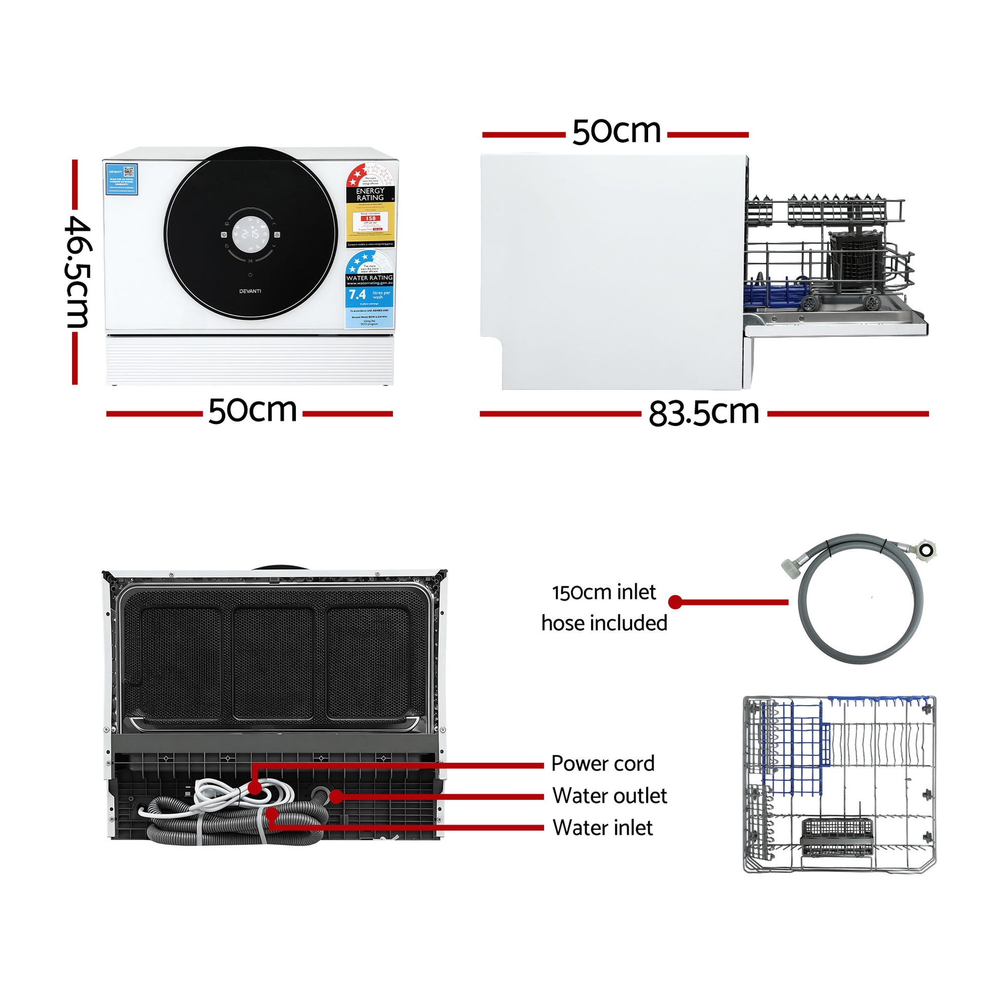 Compact 50cm dishwasher with energy rating, dimensions, and included hose for easy setup