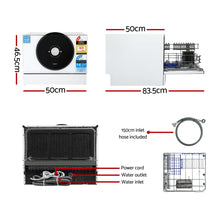 Compact 50cm dishwasher with energy rating, dimensions, and included hose for easy setup