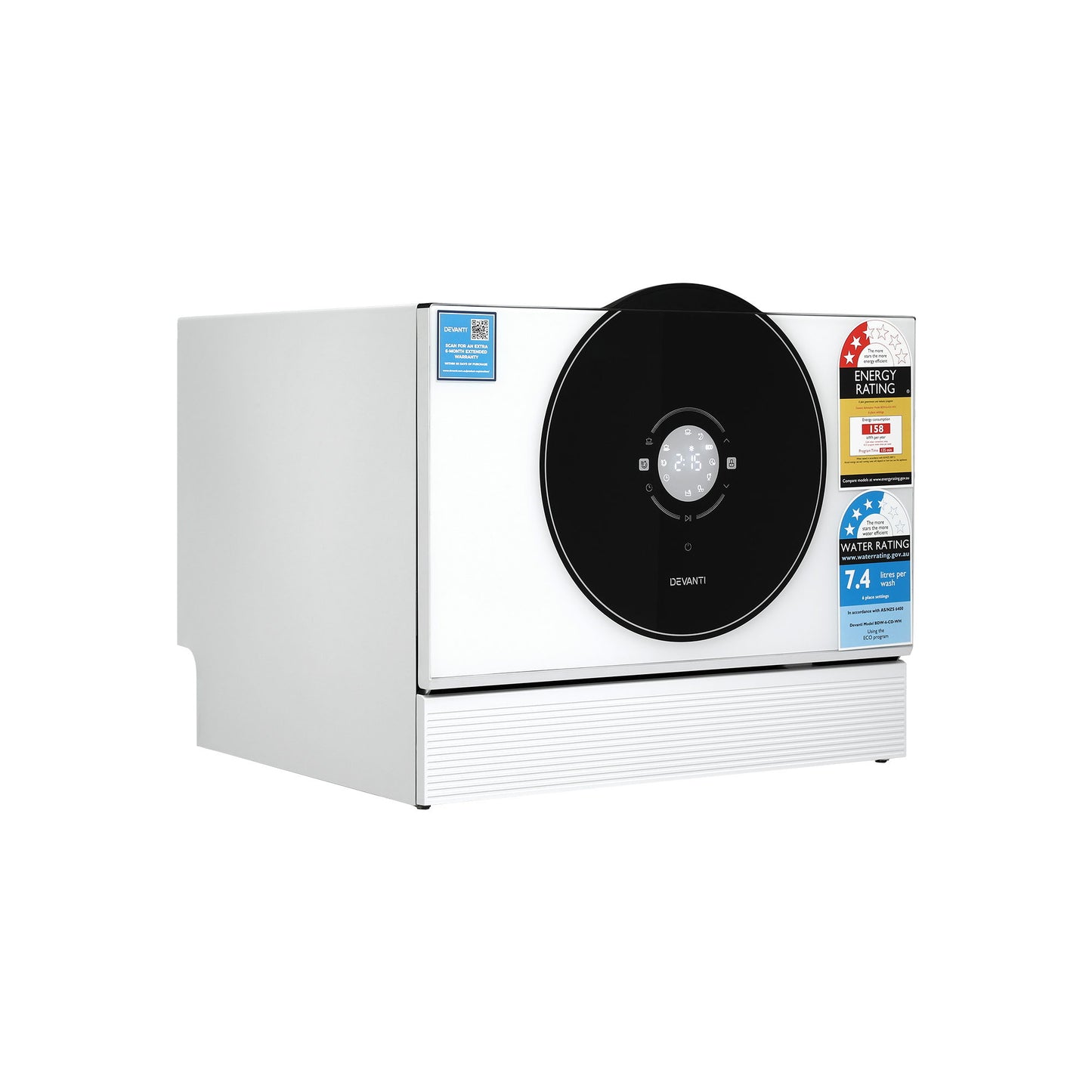 White Devanti dishwasher with digital control panel and energy rating labels