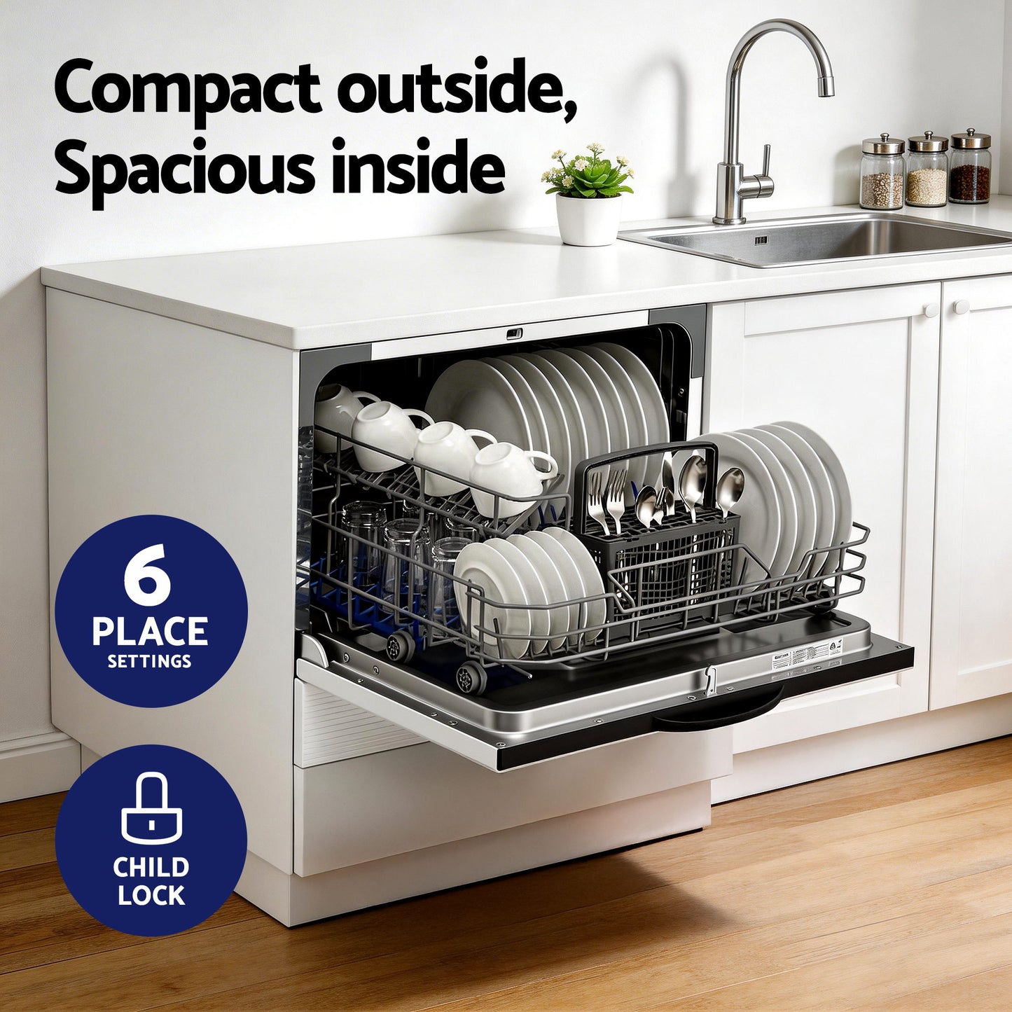 Compact dishwasher with 6-place settings and child lock, loaded with dishes in a modern kitchen