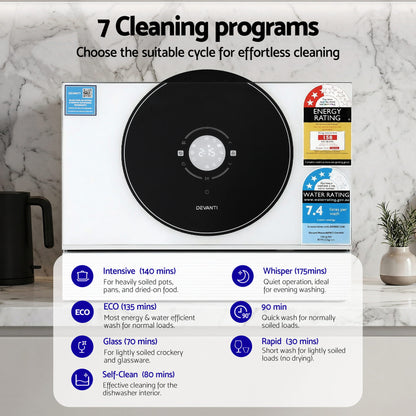 Devanti dishwasher with 7 cleaning programs, energy and water rating labels, ideal for efficient kitchen cleaning.
