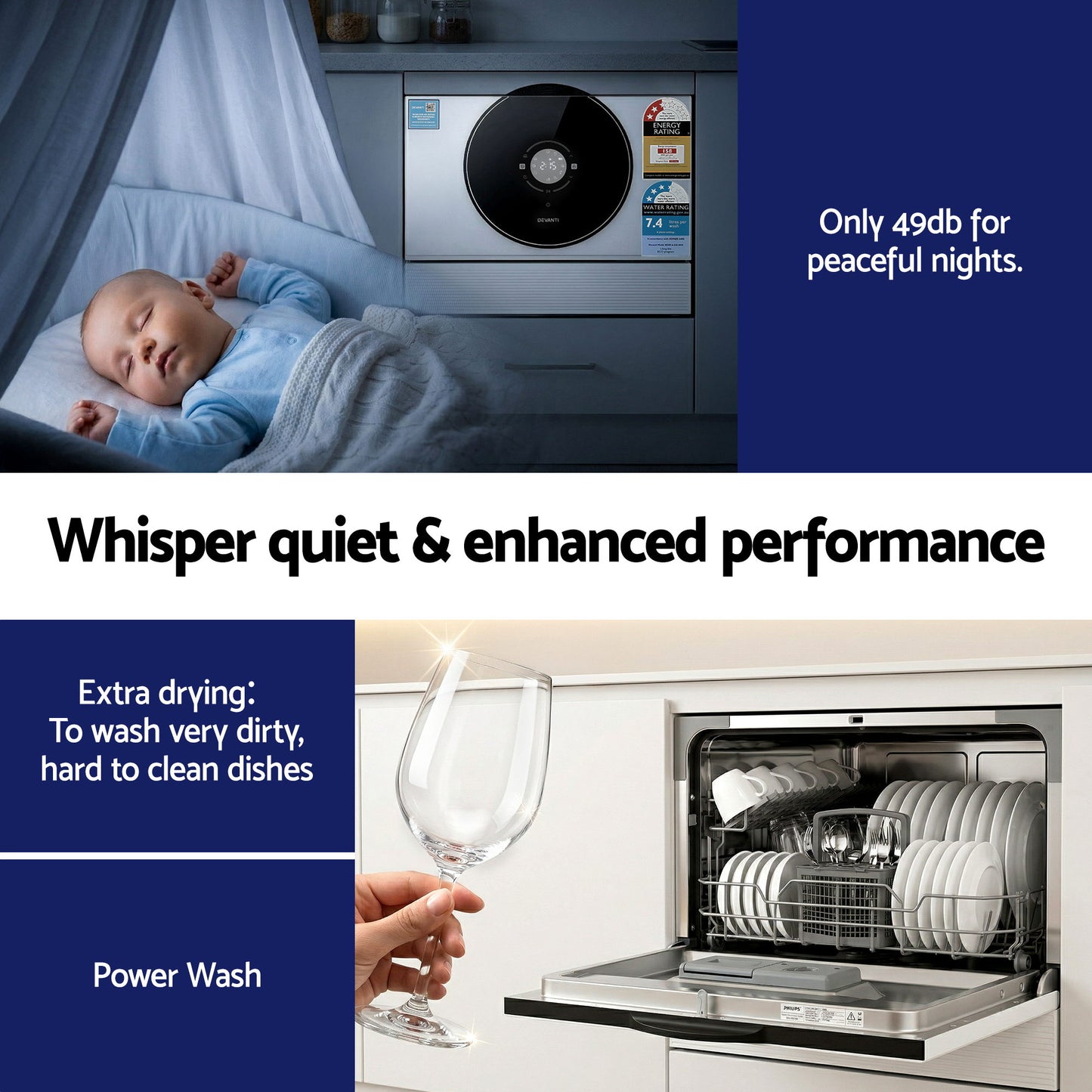 Quiet dishwasher with baby sleeping nearby, showcasing 49db noise level and clean dishes inside