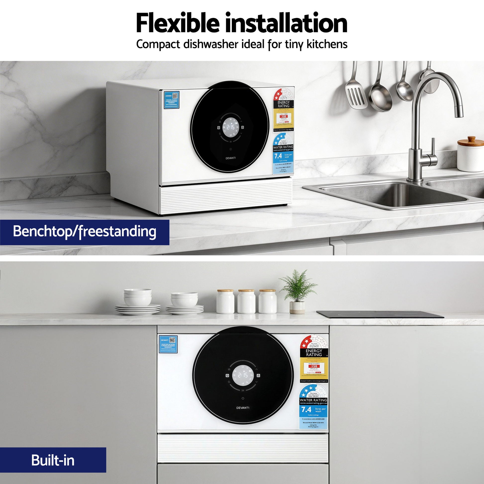 Compact dishwasher for tiny kitchens, benchtop or built-in installation, energy efficient