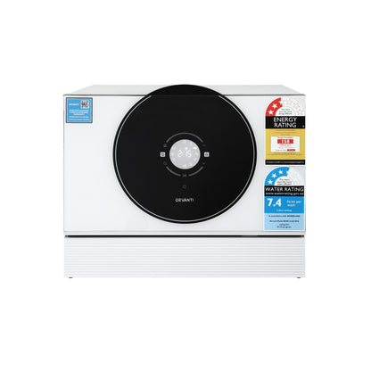 White Devanti dishwasher with digital display, energy rating 158 kWh/year, water rating 7.4L per wash