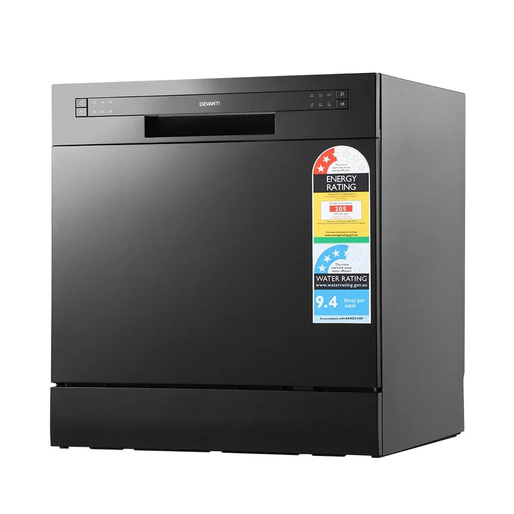 Black benchtop dishwasher with control panel and energy rating sticker, modern kitchen appliance