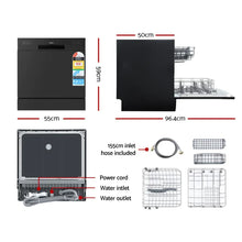 Black benchtop dishwasher with open rack, dimensions labeled, included inlet hose and baskets.