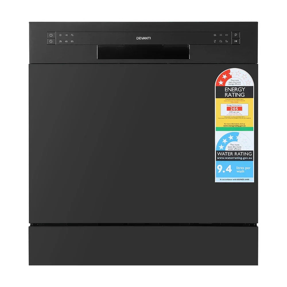 Black freestanding dishwasher with energy rating and water rating labels on front panel