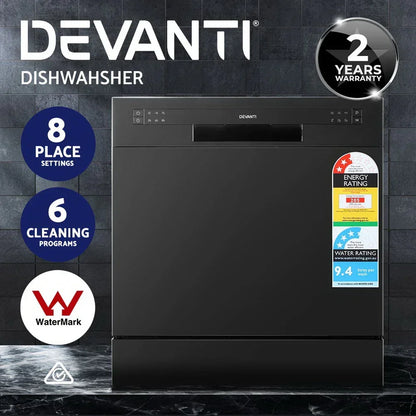Black benchtop dishwasher with 8 place settings, 6 cleaning programs, 2-year warranty, energy and water rating labels.