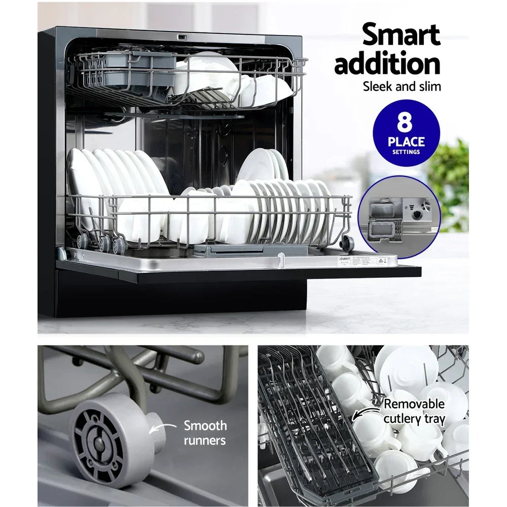 Open slim dishwasher with 8 place settings, smooth runners, and removable cutlery tray