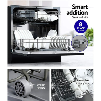 Open slim dishwasher with 8 place settings, smooth runners, and removable cutlery tray