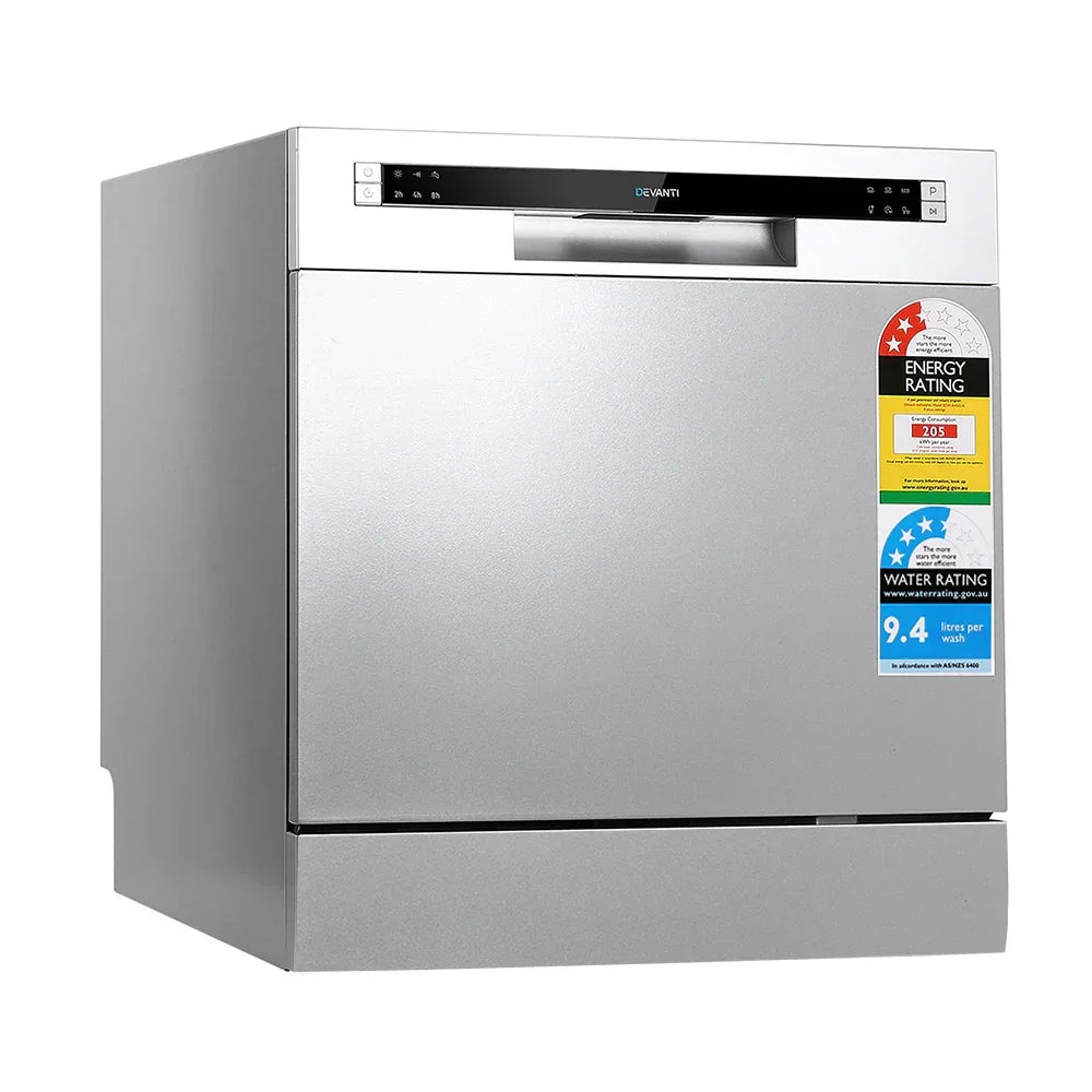 Silver benchtop dishwasher with control panel and energy rating stickers on front
