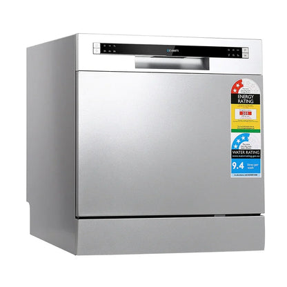 Silver benchtop dishwasher with control panel and energy rating stickers on front