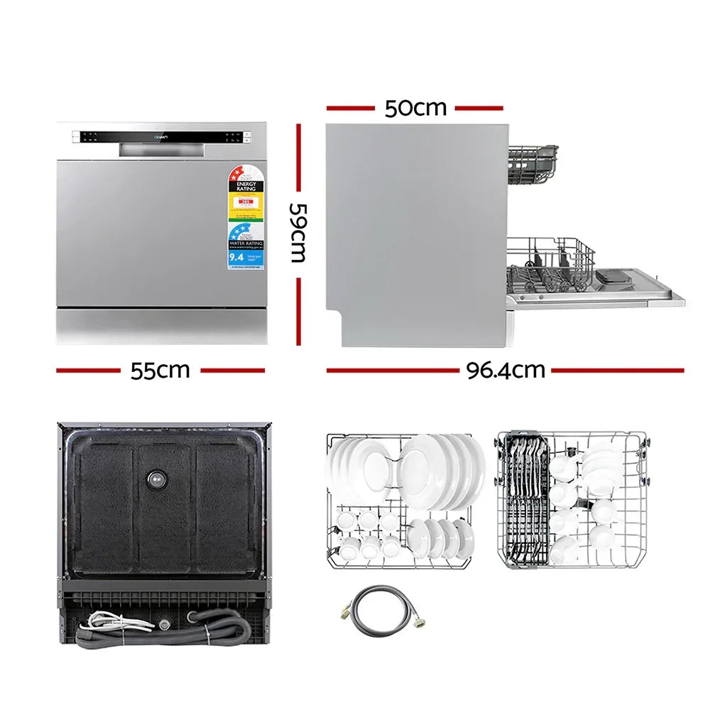 Compact stainless steel benchtop dishwasher with open view, racks, and dimensions labeled.
