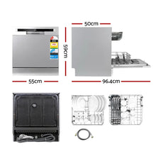 Compact stainless steel benchtop dishwasher with open view, racks, and dimensions labeled.
