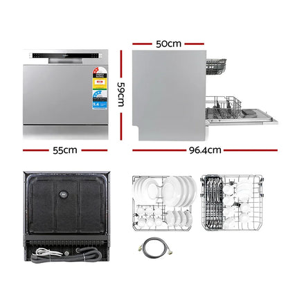Compact stainless steel benchtop dishwasher with open view, racks, and dimensions labeled.