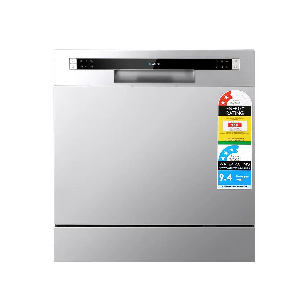 Stainless steel benchtop dishwasher with LED display and energy rating labels