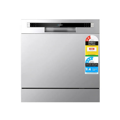 Stainless steel benchtop dishwasher with LED display and energy rating labels