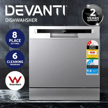 Stainless steel dishwasher with 8 place settings, 6 cleaning programs, energy and water ratings