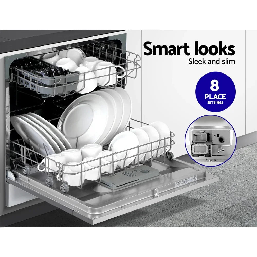Slim dishwasher with 8 place settings, open with clean dishes in modern kitchen