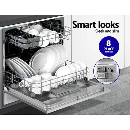 Slim dishwasher with 8 place settings, open with clean dishes in modern kitchen