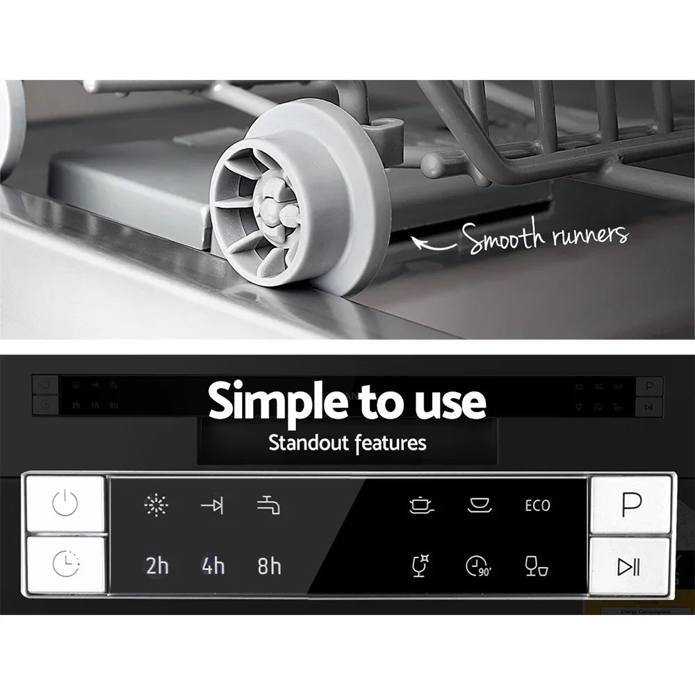 Dishwasher control panel close-up with digital display and smooth rack runners