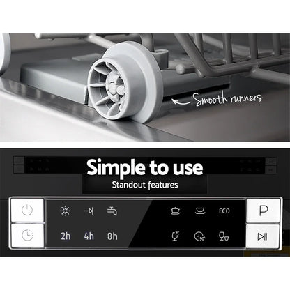 Dishwasher control panel close-up with digital display and smooth rack runners