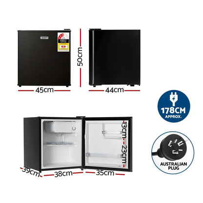 Black compact bar fridge with dimensions, interior shelves, and Australian power plug.