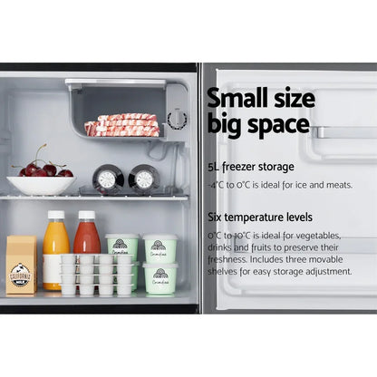 Compact fridge interior with organized food, adjustable shelves, 5L freezer, and six temperature settings