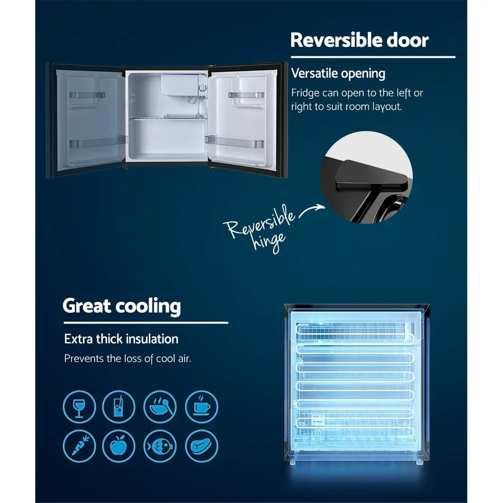 Compact bar fridge with reversible door, thick insulation, and versatile interior shelves.