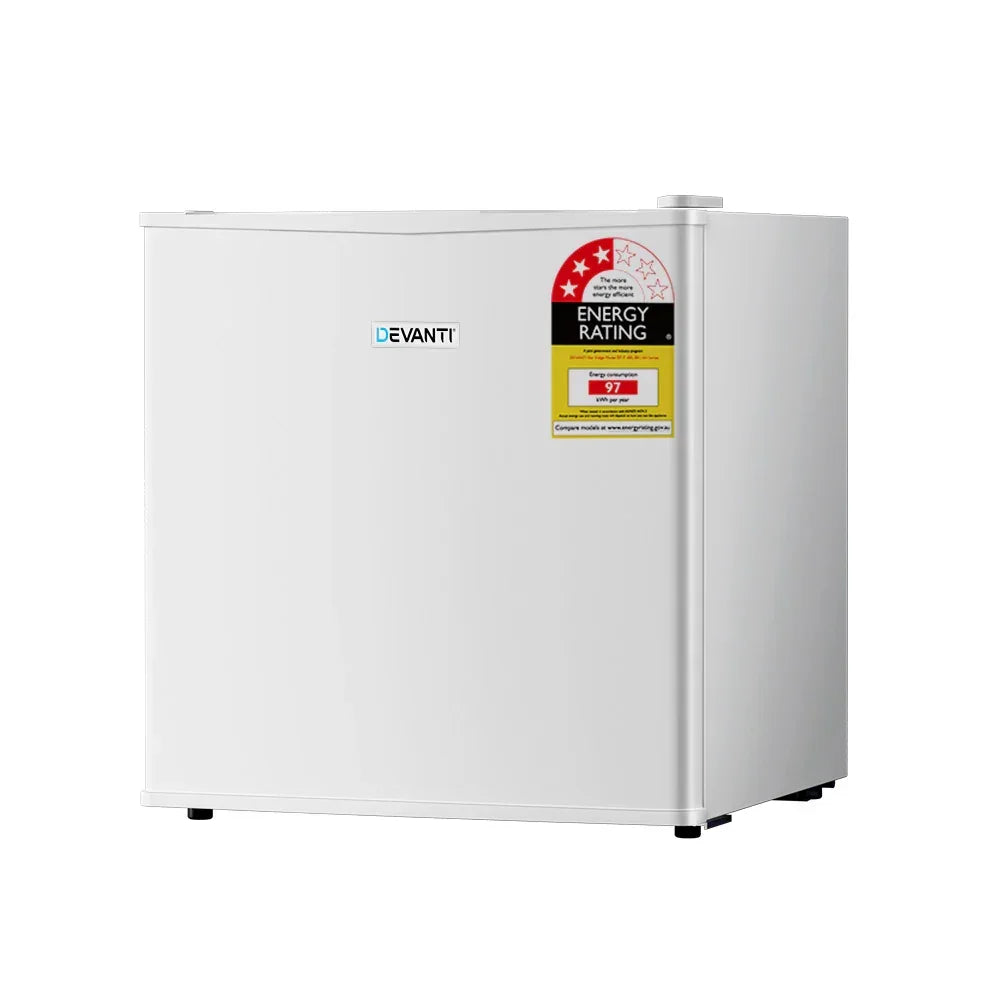 White compact bar fridge with energy rating label, single door, energy efficient design