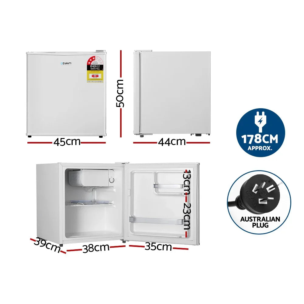 White compact bar fridge with dimensions, open and closed views, and Australian plug detail