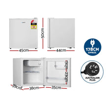 White compact bar fridge with dimensions, open and closed views, and Australian plug detail