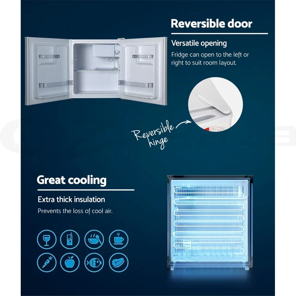 Mini fridge with reversible door, adjustable shelves, and extra thick insulation for great cooling.