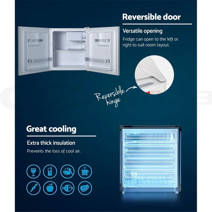 Mini fridge with reversible door, adjustable shelves, and extra thick insulation for great cooling.