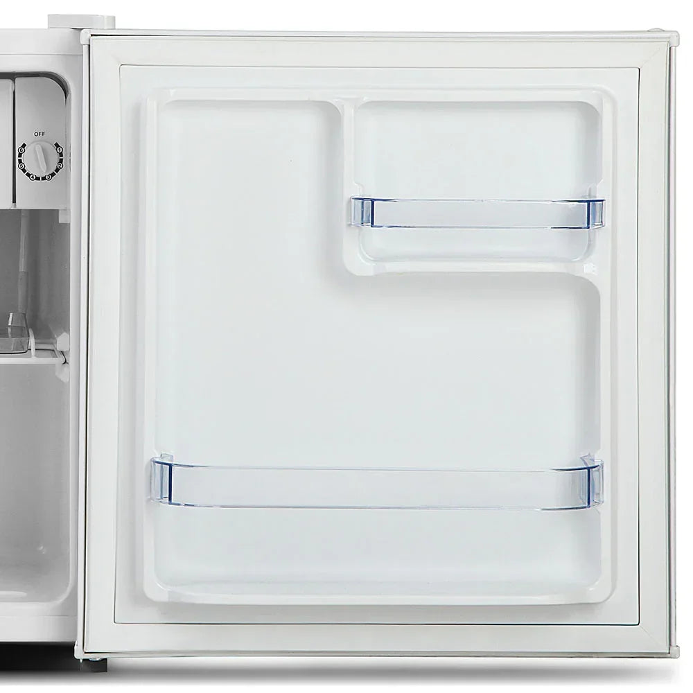 White mini fridge door open showing clear storage racks and adjustable thermostat