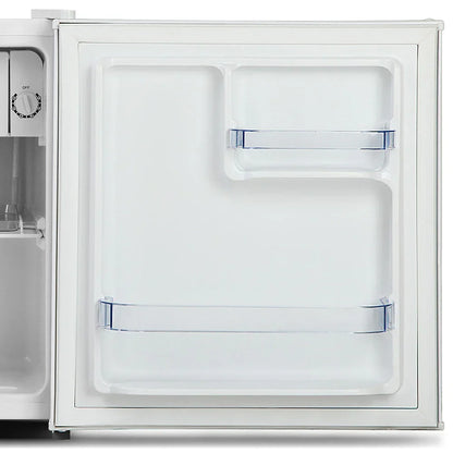 White mini fridge door open showing clear storage racks and adjustable thermostat