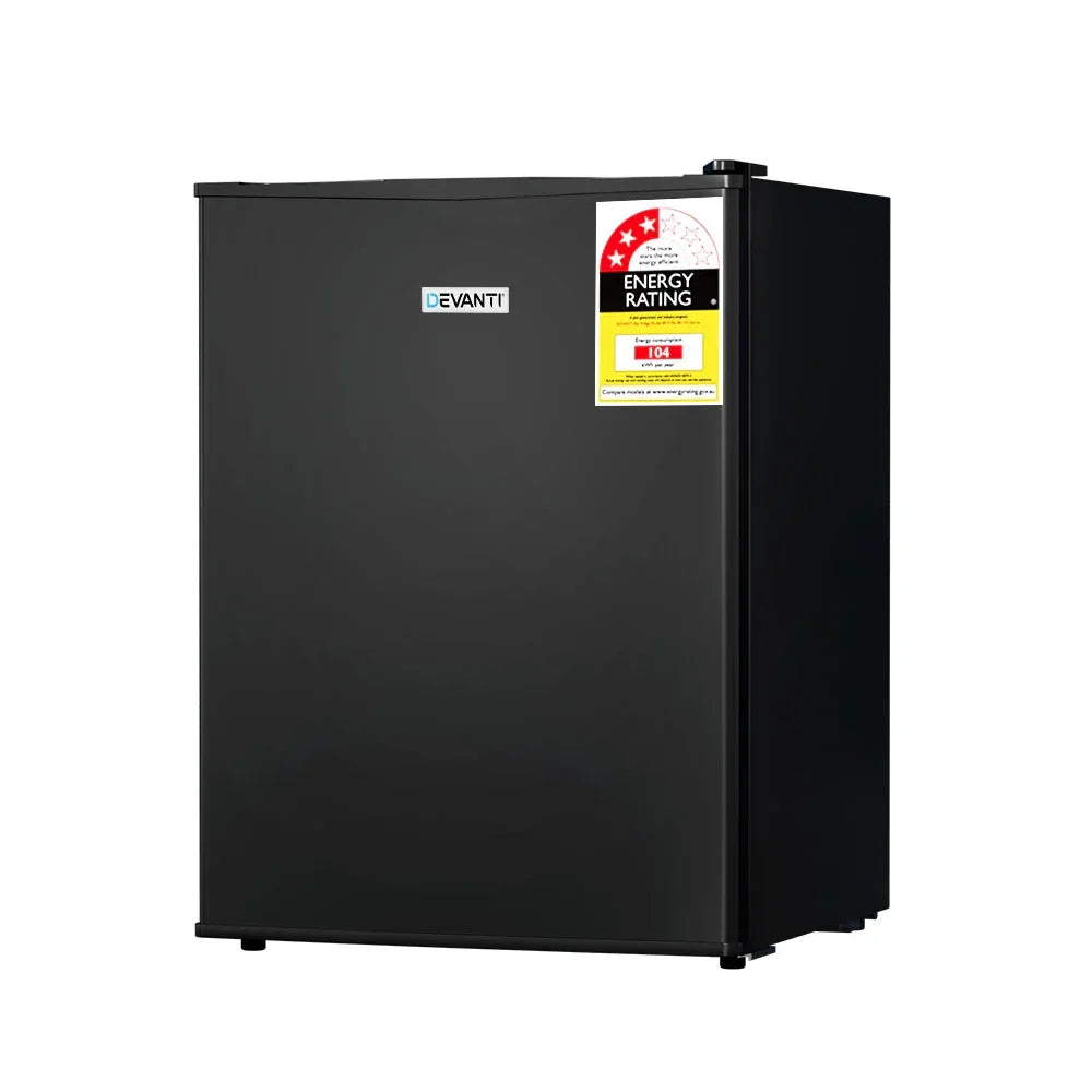 Black compact mini fridge with energy rating label, ideal for home or office use