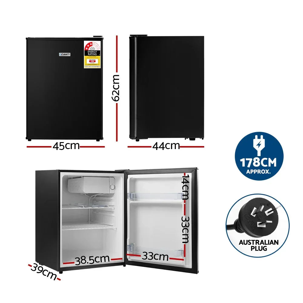 Black mini bar fridge with open and closed views, internal shelves, compact size, Australian plug.