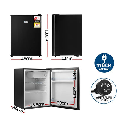 Black mini bar fridge with open and closed views, internal shelves, compact size, Australian plug.