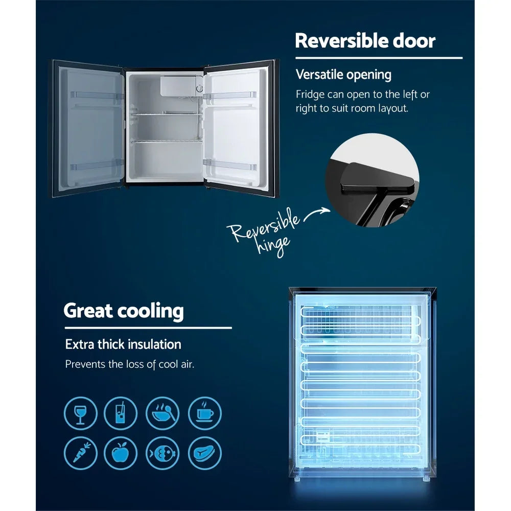 Mini fridge with reversible door, adjustable shelves, and thick insulation for great cooling