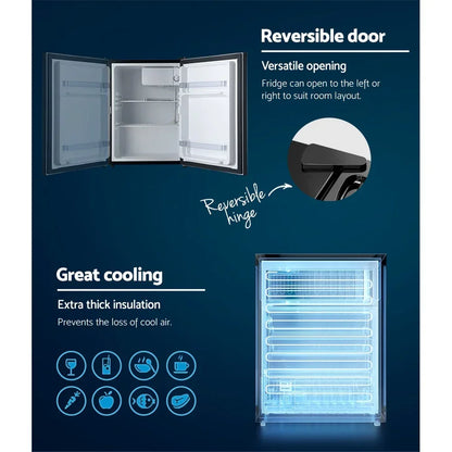 Mini fridge with reversible door, adjustable shelves, and thick insulation for great cooling