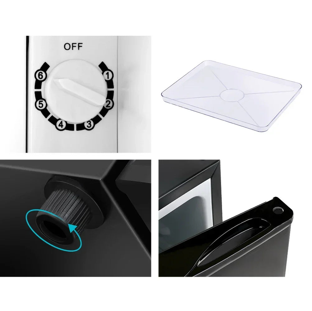 Closeup of a black mini fridge dial, drain plug, removable tray, and door handle details.